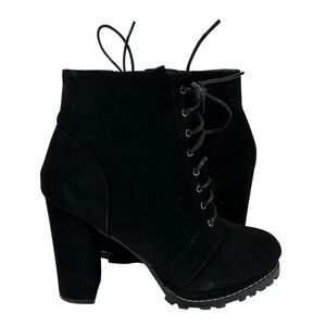 Top Moda Black Faux Suede Lace Up Chunky Platform Ankle Boots Side Zip Size 7.5
